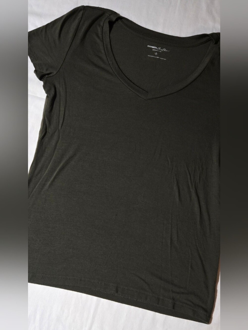 Express Women's V-Neck 111 Skimming Tee in Dark Olive Green